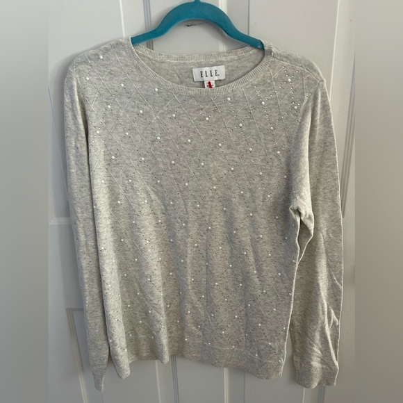 Elle Gray sweater with pearls and rhinestones on front - Picture 1 of 4